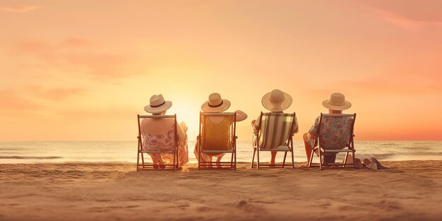 Los ancianos felices disfrutan de la jubilación en la playa, la tranquilidad y la alegría del atardecer