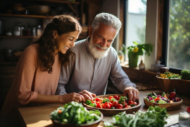 ancianos felices y sanos preparan comida vegana en casa