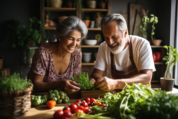 ancianos felices y sanos preparan comida vegana en casa