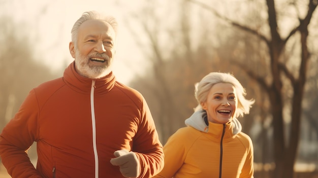 Los ancianos jubilados felices sonriendo haciendo yoga deportivo y corriendo en el parque contra el telón de fondo