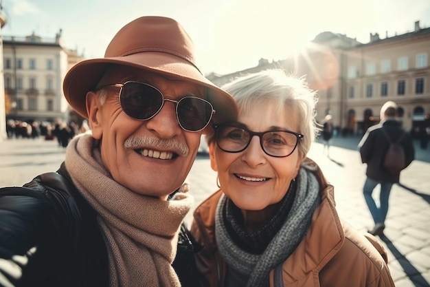 Ancianos jubilados toman selfie en smartphone en viaje a ciudades de Europa IA generativa