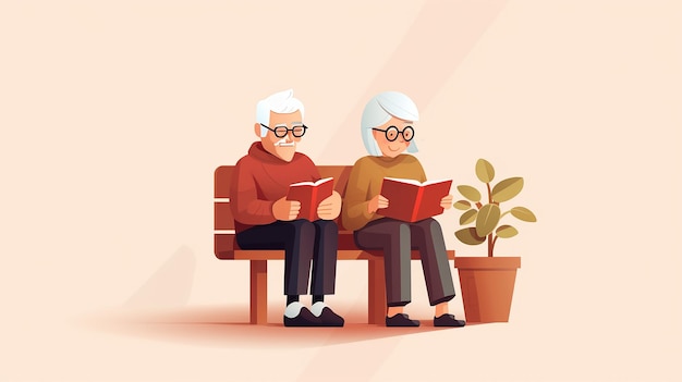 ancianos leyendo libros en un banco.