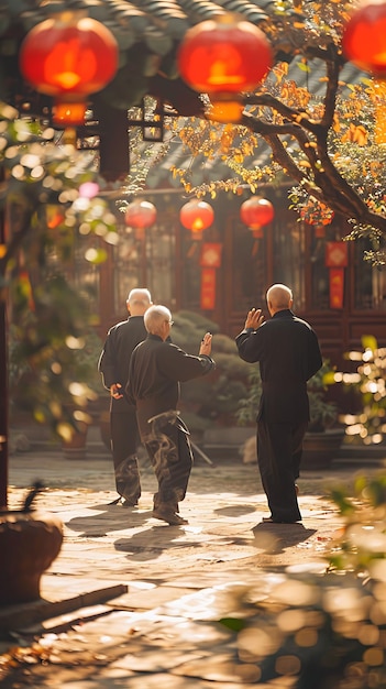 Ancianos practicando Tai Chi en un patio tradicional chino Vecino vacaciones Fondo creativo