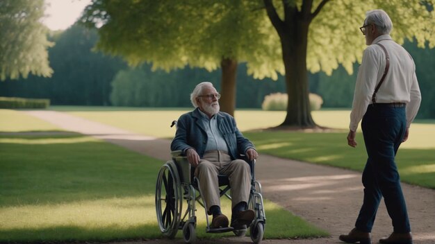 Los ancianos en silla de ruedas del hospital caminan por el parque