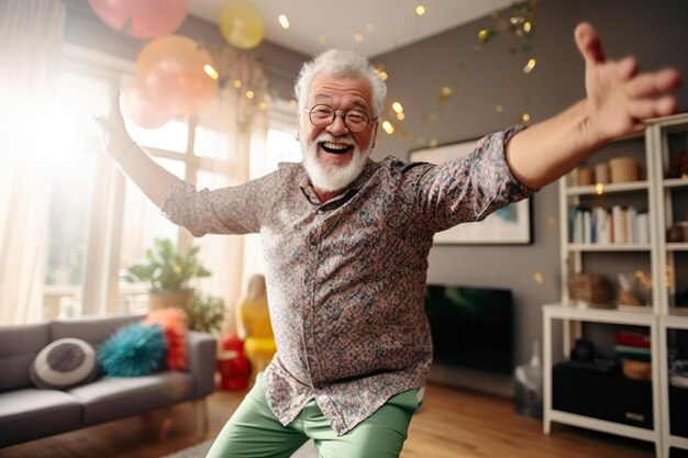 Foto ancião aposentado alegre e ativo dançando ao som de música disco na espaçosa sala de estar se divertindo desfrutando de uma festa em casa de hobby esportivo celebrando uma data especial de aniversário em família