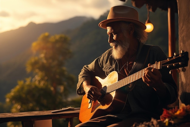 Foto ancião latino tocando guitarra na varanda com vista para o amazonas