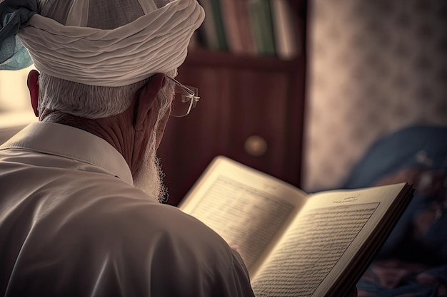 Ancião muçulmano sentado em masjid lendo o Alcorão antes do tempo de oração na luz escura suave gerada por IA