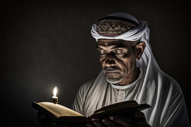 Ancião muçulmano sentado em masjid lendo o Alcorão antes do tempo de oração na luz escura suave gerada por IA