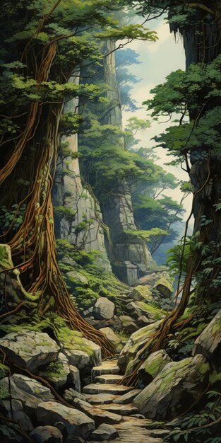 Foto ancient cliff path uma pintura cinematográfica no estilo de masamune shirow