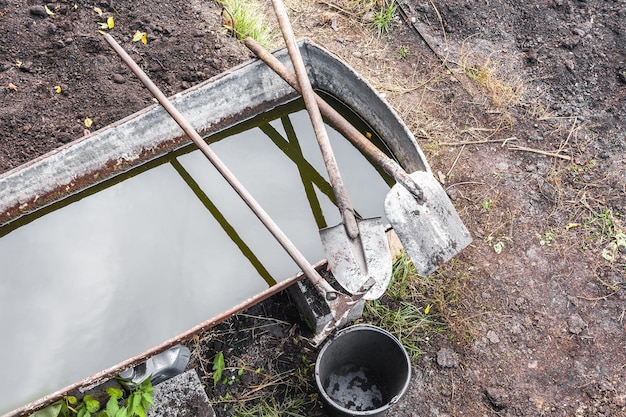 Ancinhos e pás sujos estão deitados no tanque de água. Ferramenta de trabalho do jardineiro