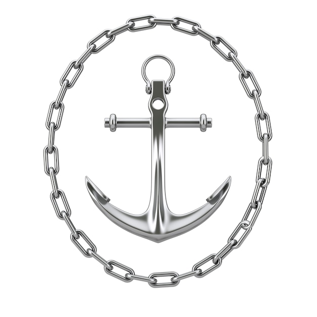 Ancla náutica con bastidor de cadena circular sobre un fondo blanco. Representación 3D