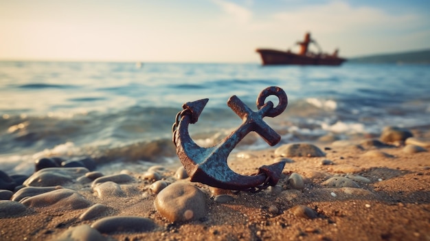 Un ancla en la playa con un barco en el fondo