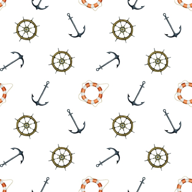 Anclas de acero, volantes y boya salvavidas, acuarela, patrón sin costuras, ilustración sobre fondo blanco para papel de embalaje náutico, ropa para niños, textiles para niños, estilo de aventura y viaje.