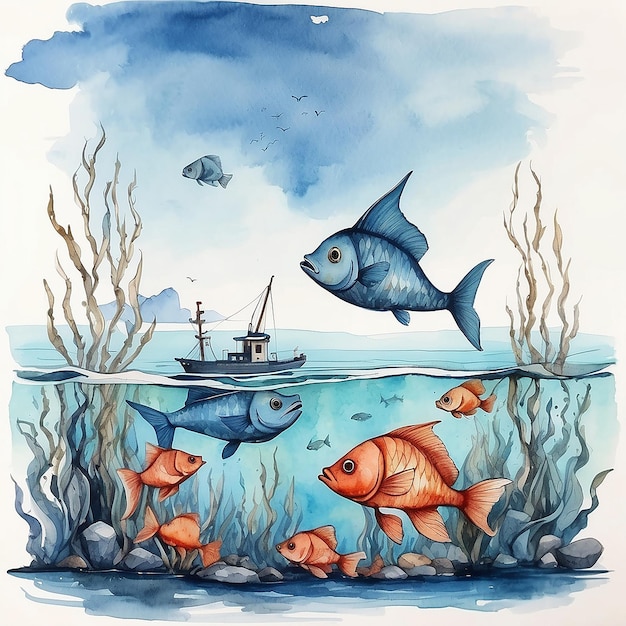 Foto Áncora con peces en tinta de agua de mar y dibujo en acuarela