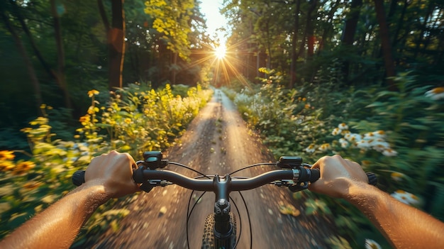 Foto andando de bicicleta por uma estrada de campo alinhada por árvores no verão foto pov perspectiva em primeira pessoa