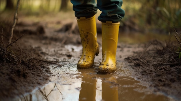 andar com botas de borracha amarelas através de poças e lama