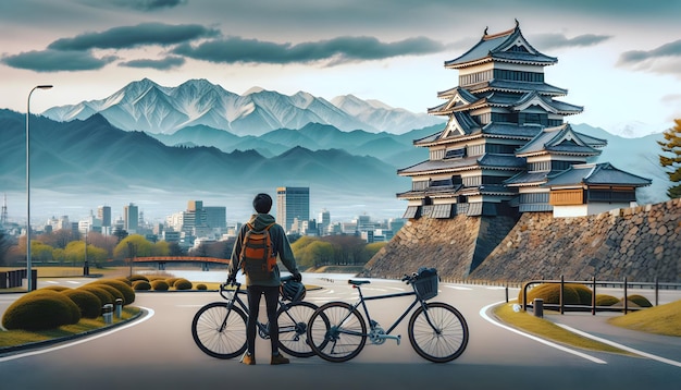 Foto andar de bicicleta ao redor do castelo de matsumoto com uma vista dos alpes japoneses na distância