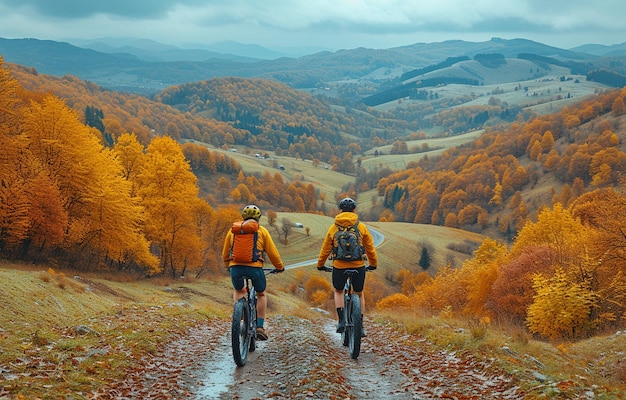 Andar de bicicleta em uma rota através de pastagens verdes de montanha durante o outono de cima