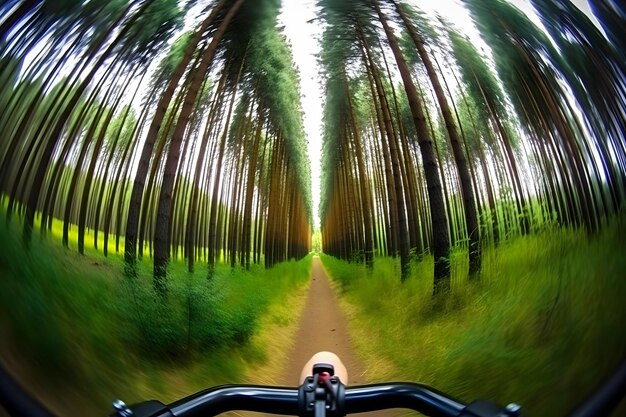 Foto andar de bicicleta perspectiva em primeira pessoa com duas mãos masculinas em luvas segurando o guidão da bicicleta turismo esportivo e conceito de atividade rede neural gerada por ia