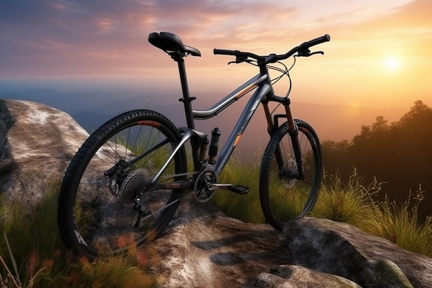 Ande de bicicleta na trilha da montanha na paisagem do pôr do sol com IA geradora de bicicletas esportivas