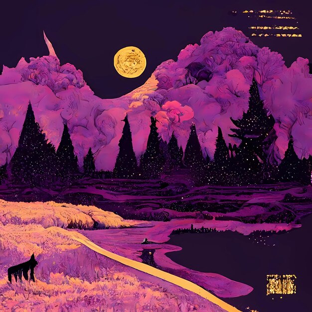 Andrewolf púrpura y amarillo retró estilo de arte japonés cartel de portada del álbum creado utilizando generativo