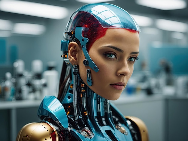 Android-Frau-Roboter moderner Technologie arbeitet im Labor im Büro und stellt neue moderne Technologien vor Dieses Foto wurde mit Leonardo AI generiert