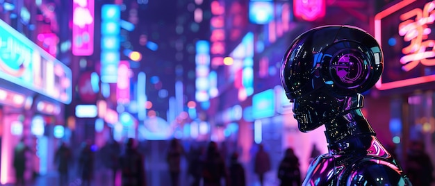 Android-Menschen mit metallischer Haut navigieren in einer geschäftigen futuristischen Stadt Neonlichter digitale Kunst Silhouette Beleuchtung Niederländische Winkelansicht