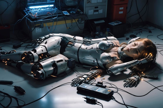 Android Revival Cyborg Girl-Reparaturen im DIY-Labor mit Sparks-Werkzeugen und -Kabeln