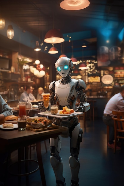 Android-Roboter-Kellnerassistent in einem Restaurant, SciFi-Roboter-Innovation, Restaurant, intelligente Technologie, KI generativ