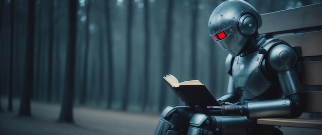 Android-Roboter liest ein Buch, das auf einer Bank sitzt. KI-Generativ