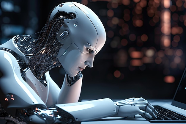 Android-Roboter mit weißen Plastik- und Elektronikteilen arbeitet an einem Computer Künstliche Intelligenz