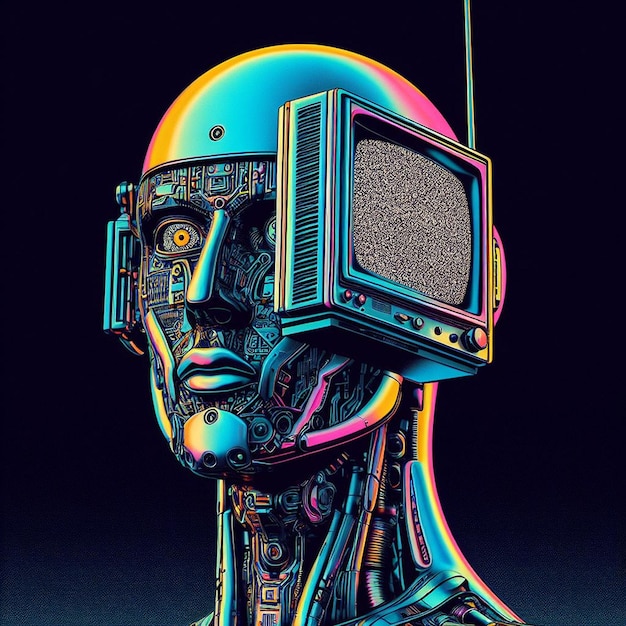 Foto el android visionario con una cabeza de televisión integrada para el entretenimiento futurista