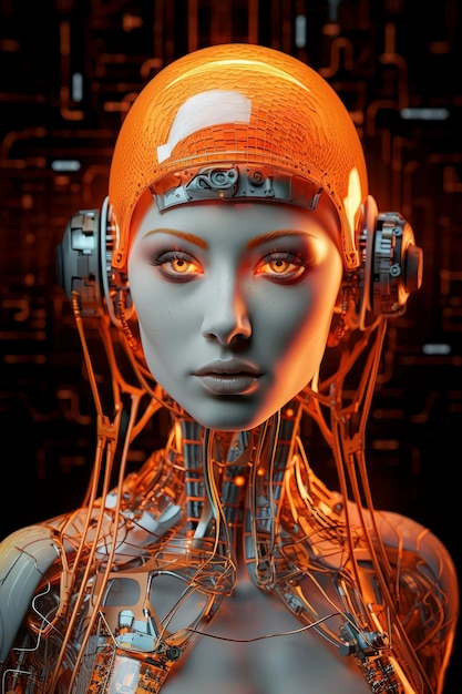 Androide femenina retrofuturista luciendo una peluca naranja fundida abstracta y líneas de marioneta IA generativa