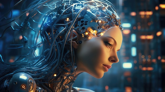 Andróide feminina do futuro cérebro de um robô conceito de inteligência artificial ai gerado