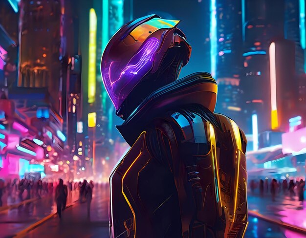 Un androide futurista explorando una ciudad cyberpunk iluminada por el neón por la noche