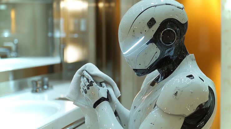 Foto un androide realizando mantenimiento en su piel sintética en un baño moderno