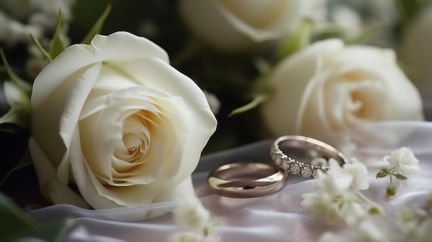 Anéis de casamento com flores de rosa branca em um véu branco composição festiva bandeira de cabeçalho com