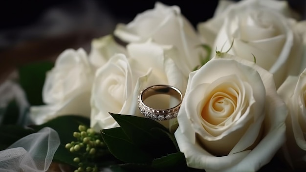 Anéis de casamento com flores rosas brancas em uma composição festiva de véu branco Modelo de banner de cabeçalho com