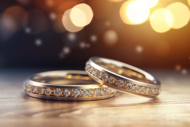 Anéis de casamento com prata e ouro em bokeh de fundo no estilo de glitter e pó de diamante Closeup foto com espaço de cópia para texto