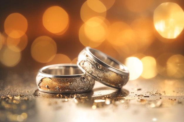 Anéis de casamento com prata e ouro em bokeh de fundo no estilo de glitter e pó de diamante Closeup foto com espaço de cópia para texto