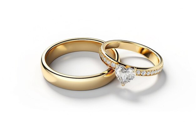 Anéis de casamento de coração e ouro sobre um fundo branco