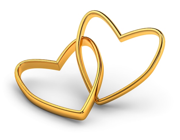 Anéis de casamento de ouro formando um coração simbolizando o amor dois anéis de ouro isolados em branco