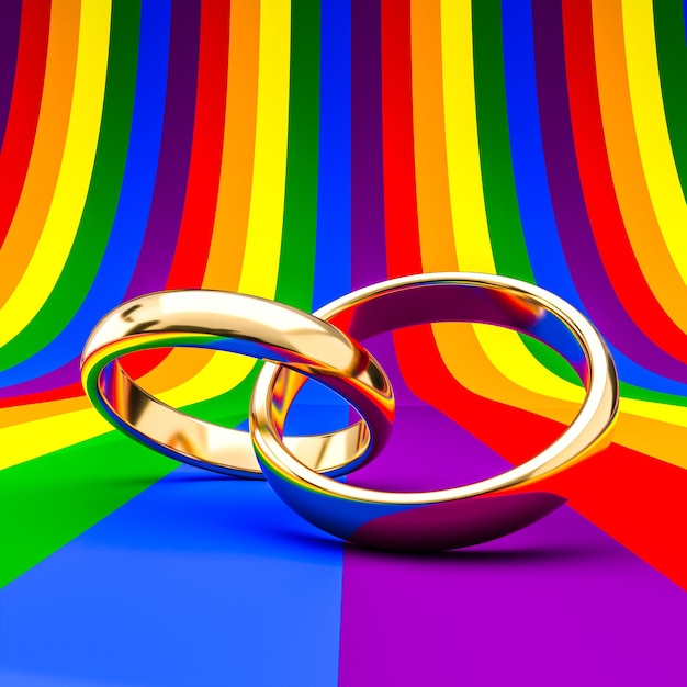 Anéis de casamento de ouro no fundo de cor lgbt do arco-íris renderização 3d