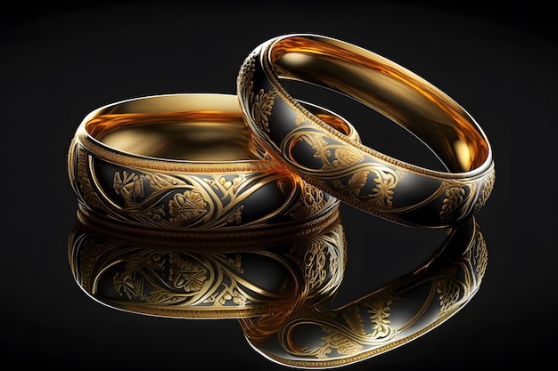 Anéis de casamento de ouro originais em um fundo escuro Rede neural AI gerada