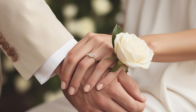 Anéis de casamento dourados na rosa branca do buquê de casamento