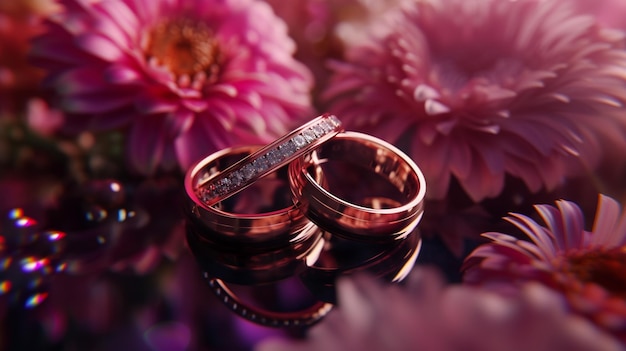 Anéis de casamento elegantes exibem foto em close-up