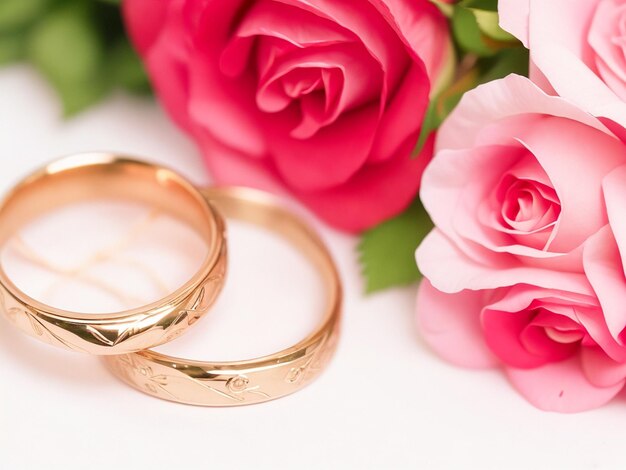 Anéis de casamento em um fundo claro com rosas