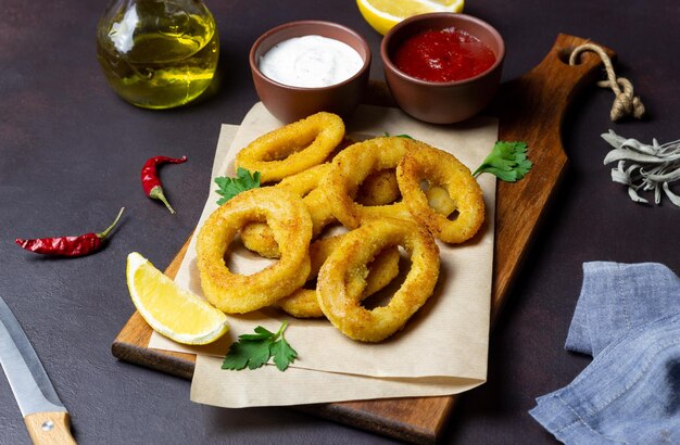 Anéis de lula frita com dois molhos, limão e ervas. Comida rápida. Entradas.