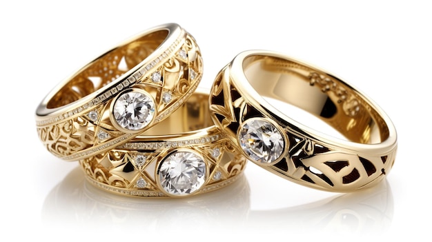anéis de ouro com diamantes sobre eles no fundo branco