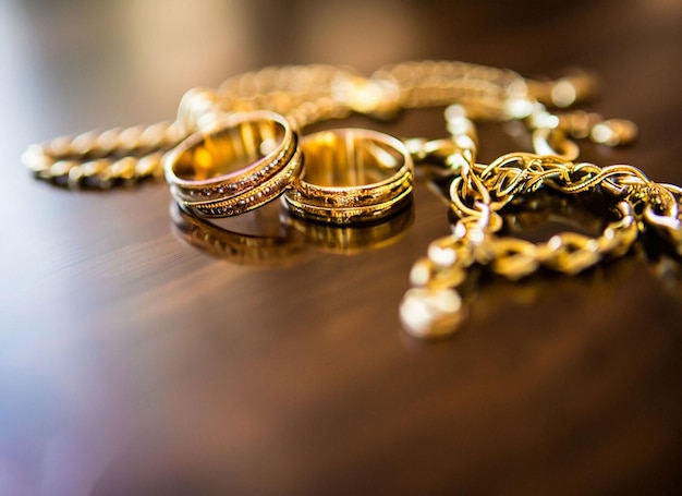 Anéis de ouro em uma mesa com uma cruz